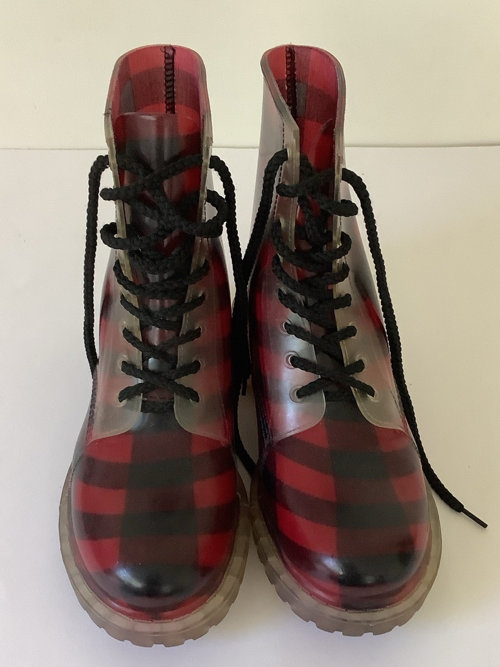 Dirty Laundry Red Plaid Lace-Up Roadie Combat Jelly Rain Boots